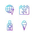 Set line Ice cream in waffle cone, Sunscreen spray bottle, Globe with flying plane and Calendar and airplane. Gradient