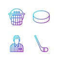 Set line Ice hockey stick, Hockey judge, referee, arbiter, Hockey helmet and Hockey puck. Gradient color icons. Vector Royalty Free Stock Photo