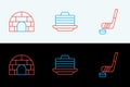 Set line Ice hockey stick and puck, Igloo ice house and Stack of pancakes icon. Vector Royalty Free Stock Photo