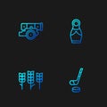Set line Ice hockey stick and puck, Wheat, Cannon and Russian doll matryoshka. Gradient color icons. Vector