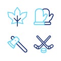 Set line Ice hockey sticks and puck, Wooden axe, Christmas mitten and Canadian maple leaf icon. Vector Royalty Free Stock Photo