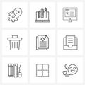 Set of 9 Line Icon Signs and Symbols of file, garbage, stationary, delete, basket