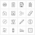 Set of 16 Line Icon Signs and Symbols of hut, home, protected document, text board, text Royalty Free Stock Photo