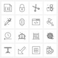 Set of 16 Line Icon Signs and Symbols of learning, pencil, cutter, pen, photography