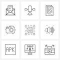 Set of 9 Line Icon Signs and Symbols of music, demographic, text, databases, camera