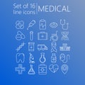Set of 16 line icons of medical theme on a gradient background