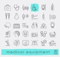 Set of line icons presenting various medical equipment.