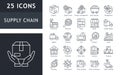 Set of 25 line icons related to supply chain, production, logistic, delivery, distribution, value. Outline icon collection. Royalty Free Stock Photo