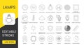 Set of line icons in vector for lamp packaging, technical specifications illustration, constant led flux and service