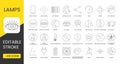 Set of line icons in vector for lamp packaging, technical specifications illustration, voice control and smart control