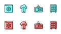 Set line Identification badge, Browser setting, Cloud database and Archive papers drawer icon. Vector
