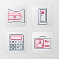 Set line Identification badge, Calculator, Locker changing room and Pencil sharpener icon. Vector