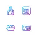 Set line Identification badge, Chicken egg in box, Seller and QR code. Gradient color icons. Vector