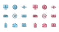 Set line Identification badge, Envelope, Computer monitor with dollar symbol, Laptop, Clock 24 hours, Stacks paper money