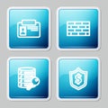 Set line Identification badge, Firewall, security wall, Server with key and Shield dollar icon. Vector