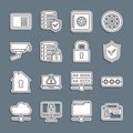 Set line Identification badge, Password protection, Shield with check mark, Safe, Server security lock, Security camera