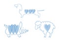 Set of line images of domestic animals - dogs, sheep, pigs. Pets or symbols of the Chinese horoscope. Collection of