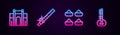 Set line India Gate in Delhi, Bamboo flute indian, Indian spice and Sitar. Glowing neon icon. Vector