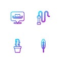 Set line Indian feather, Cactus peyote in pot, Location cowboy and Leather whip. Gradient color icons. Vector