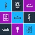 Set line Indian feather, Western cowboy hat and Wanted western poster icon. Vector Royalty Free Stock Photo