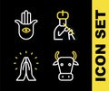 Set line Indian man plays flute, Cow, Hands in praying position and Hamsa hand icon. Vector