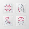 Set line Indian man, plays flute, symbol hand and Yin Yang icon. Vector