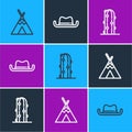 Set line Indian teepee or wigwam, Cactus and Western cowboy hat icon. Vector