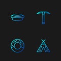 Set line Indian teepee or wigwam, Donut, Hotdog sandwich and Pickaxe. Gradient color icons. Vector