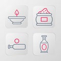 Set line Indian vase, Wood cricket bat and ball, spice and Aroma lamp icon. Vector