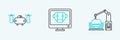 Set line Industrial machine robotic robot arm hand, Drone flying with action camera and Bot icon. Vector