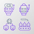 Set line Industrial production of robots, Artificial intelligence, Robot and low battery charge icon. Vector