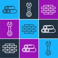 Set line Industry metallic pipe, Bricks and Wrench spanner icon. Vector