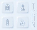 Set line Inflatable boat with motor, Lighthouse, and Yacht sailboat. White square button. Vector Royalty Free Stock Photo