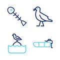 Set line Inflatable boat with motor, Seagull sits on buoy, Bird seagull and Dead fish icon. Vector