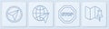 Set line Infographic of city map navigation, Stop sign, Globe with flying plane and Folded map with push pin. White