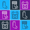 Set line Inhaler, Doctor appointment and Medicine bottle and pills icon. Vector