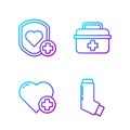 Set line Inhaler, Heart with a cross, Shield and heart rate and First aid kit. Gradient color icons. Vector Royalty Free Stock Photo