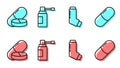 Set line Inhaler, Medicine pill or tablet, Medical bottle with nozzle spray and Medicine pill or tablet icon. Vector