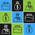 Set line Inkwell, Police officer and Money bag icon. Vector