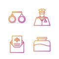 Set line Inkwell, Subpoena, Handcuffs and Police officer. Gradient color icons. Vector Royalty Free Stock Photo