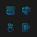 Set line Inserting coin, Piggy bank and hammer, ATM money and Stacks paper cash. Gradient color icons. Vector Royalty Free Stock Photo