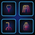 Set line Intercom, Walking stick cane, Dental implant and Walker. Gradient color icons. Vector