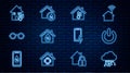 Set line Internet of things, Power button, House temperature, humidity, Glasses, Mobile charging battery and icon Royalty Free Stock Photo