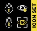 Set line Invisible or hide, Eye scan, Lock and Castle in the shape of heart icon. Vector