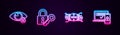Set line Invisible or hide, Lock and key, VPN with microchip circuit and Two steps authentication. Glowing neon icon