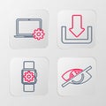 Set line Invisible or hide, Smartwatch setting, Download and Laptop and gear icon. Vector