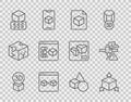 Set line Isometric cube, file, 3D printer perfect copy, services, Basic geometric shapes and warning icon. Vector