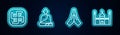 Set line Jainism, Buddhist monk, Hands praying position and Muslim Mosque. Glowing neon icon. Vector Royalty Free Stock Photo