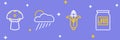 Set line Jam jar, Corn, Cloud with rain and sun and Mushroom icon. Vector
