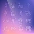 Set line Japan Gate, Moon, Church building, bell, Cross ankh, Priest and Burning candle icon. Vector
